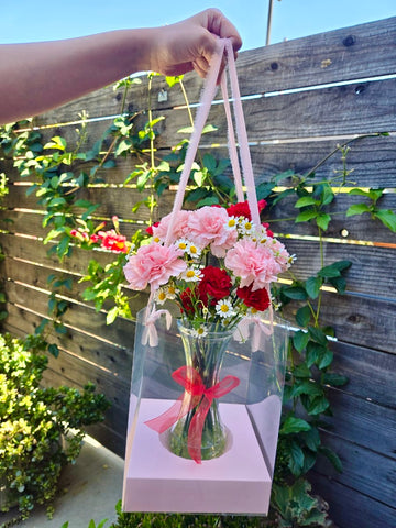 Carnation vase in a hanging clear gift bag