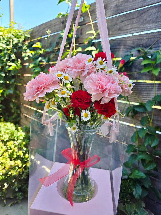 Carnation vase in a hanging clear gift bag